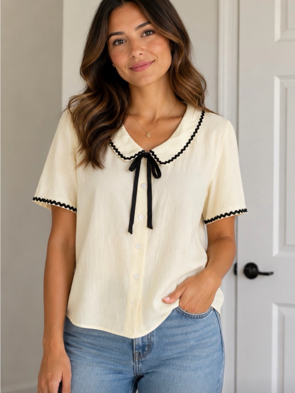 Women's Cream Short-Sleeve Button Front Blouse with Black Trim